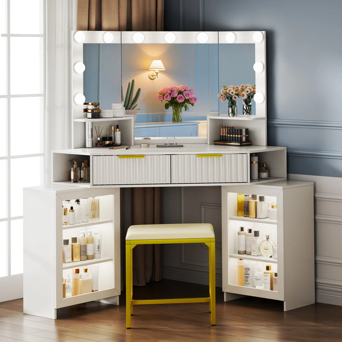 Makeup Vanity with Motion-Activated LED Mirror and Sensor Module-OUCH CART | Dressing table