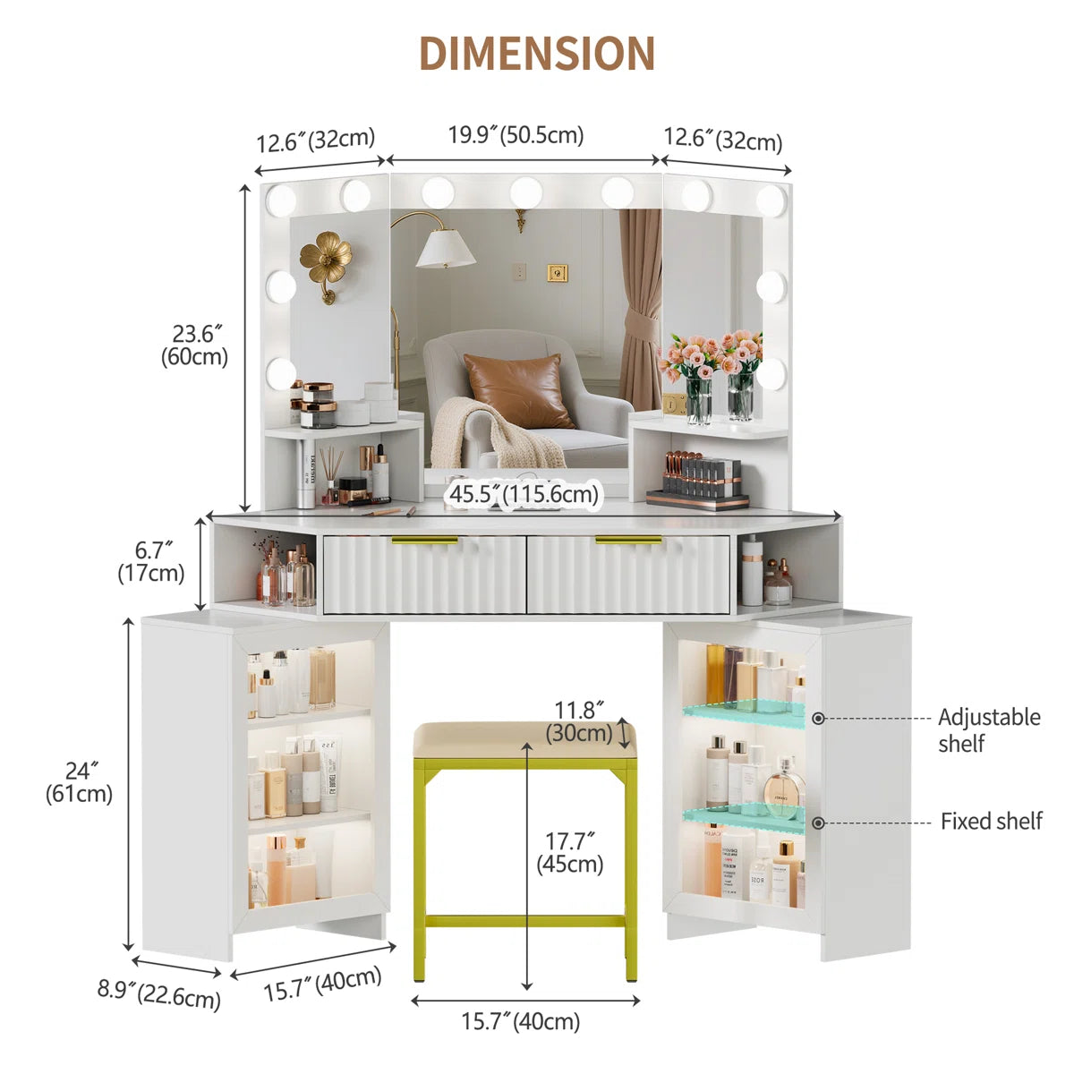 Makeup Vanity with Motion-Activated LED Mirror and Sensor Module