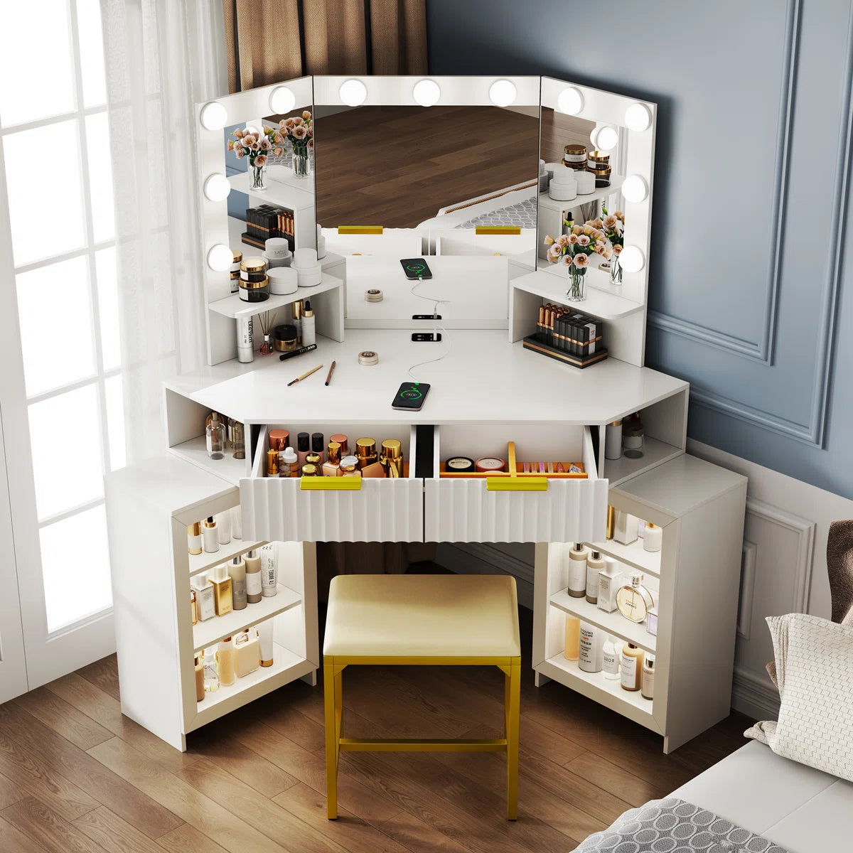 Makeup Vanity with Motion-Activated LED Mirror and Sensor Module