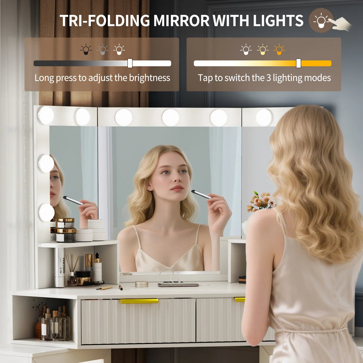 Makeup Vanity with Motion-Activated LED Mirror and Sensor Module