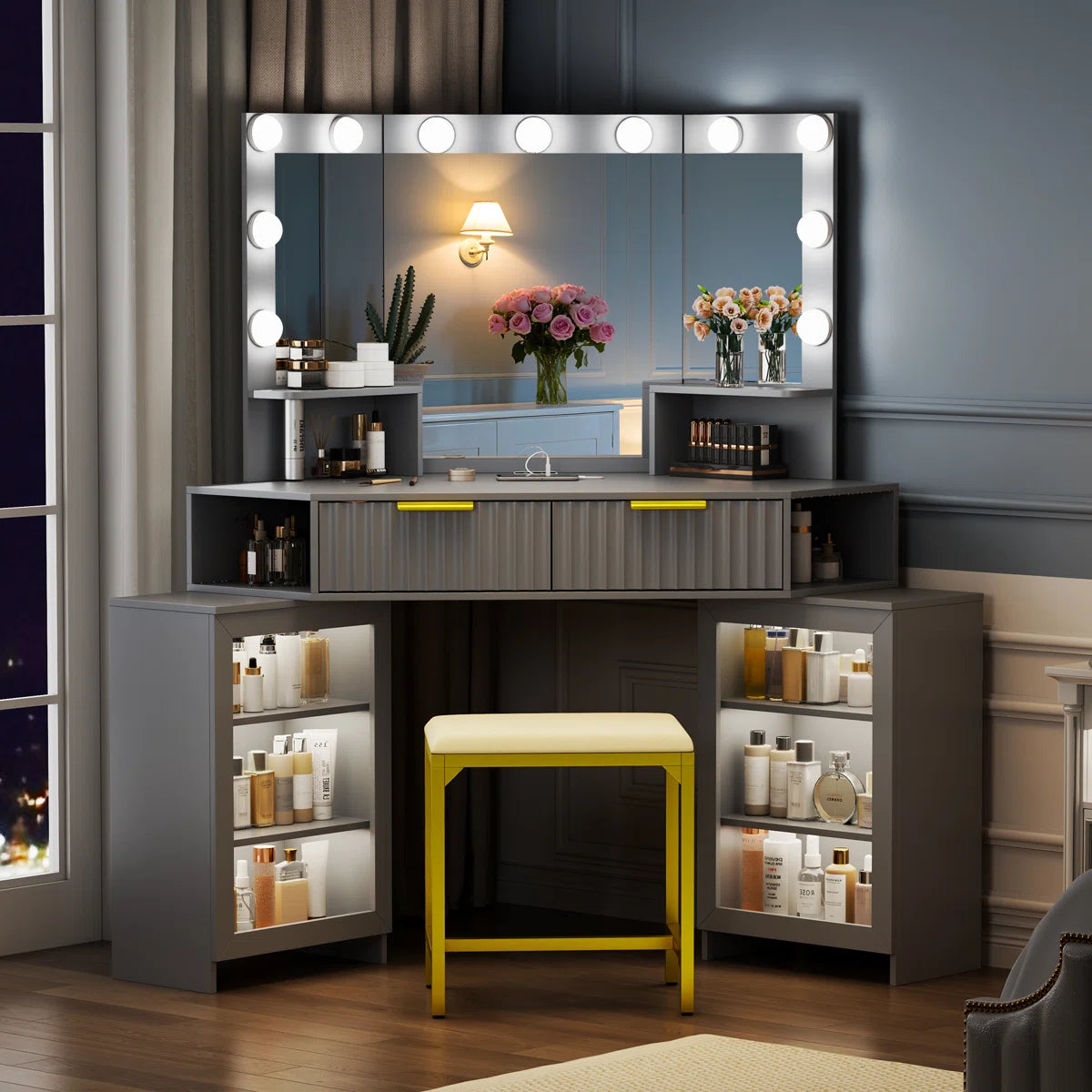 Makeup Vanity with Motion-Activated LED Mirror and Sensor Module-OUCH CART | Dressing table