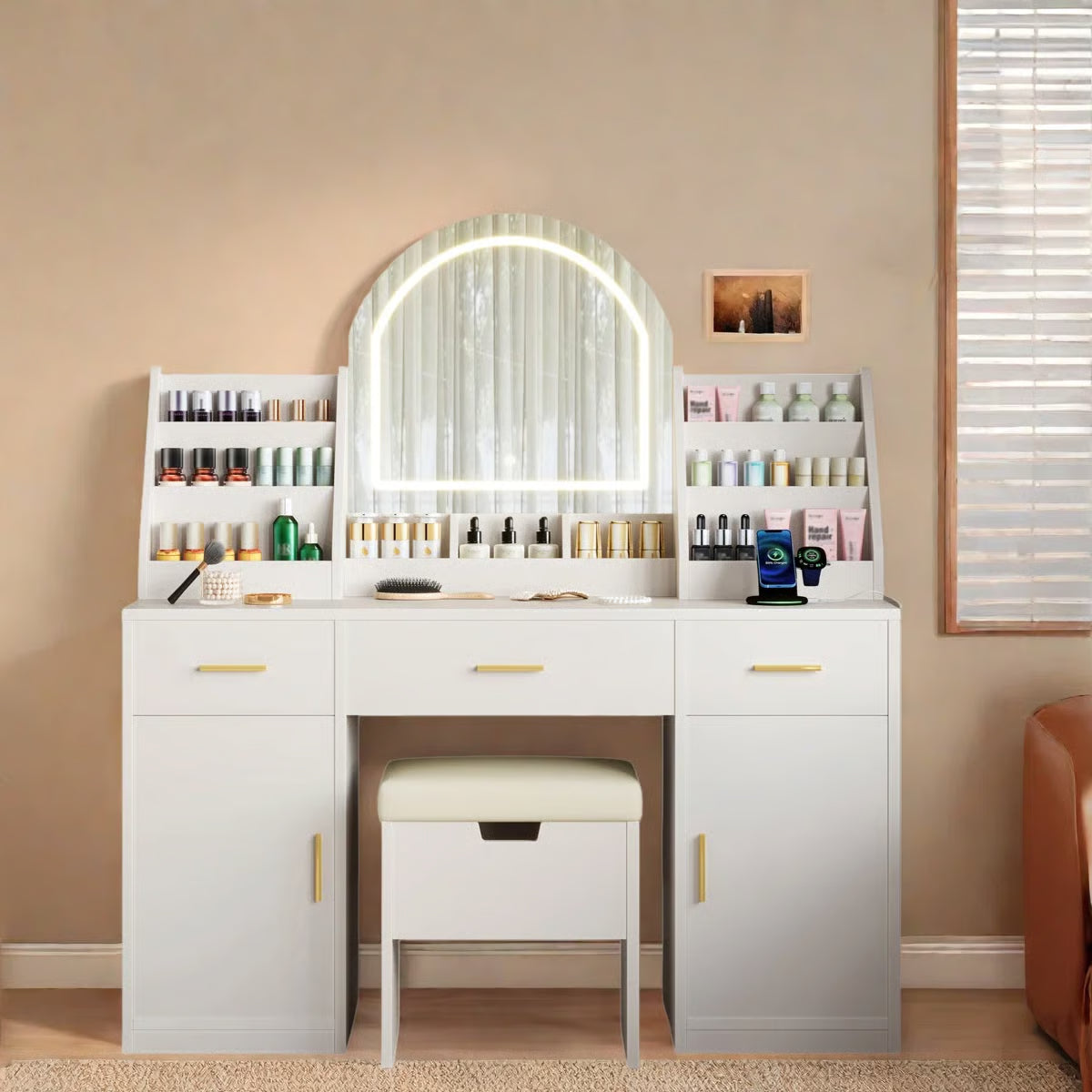 Makeup Vanity Desk with LED Mirror – 2 Organizers, 3 Drawers, 2 Cabinets & Cushioned Stool-OUCH CART | Dressing table