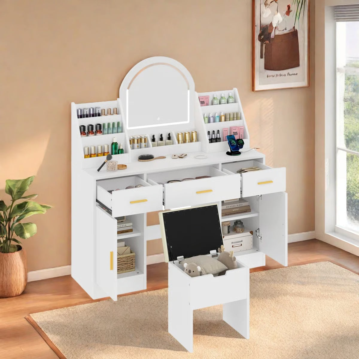 Makeup Vanity Desk with LED Mirror – 2 Organizers, 3 Drawers, 2 Cabinets & Cushioned Stool-OUCH CART | Dressing table