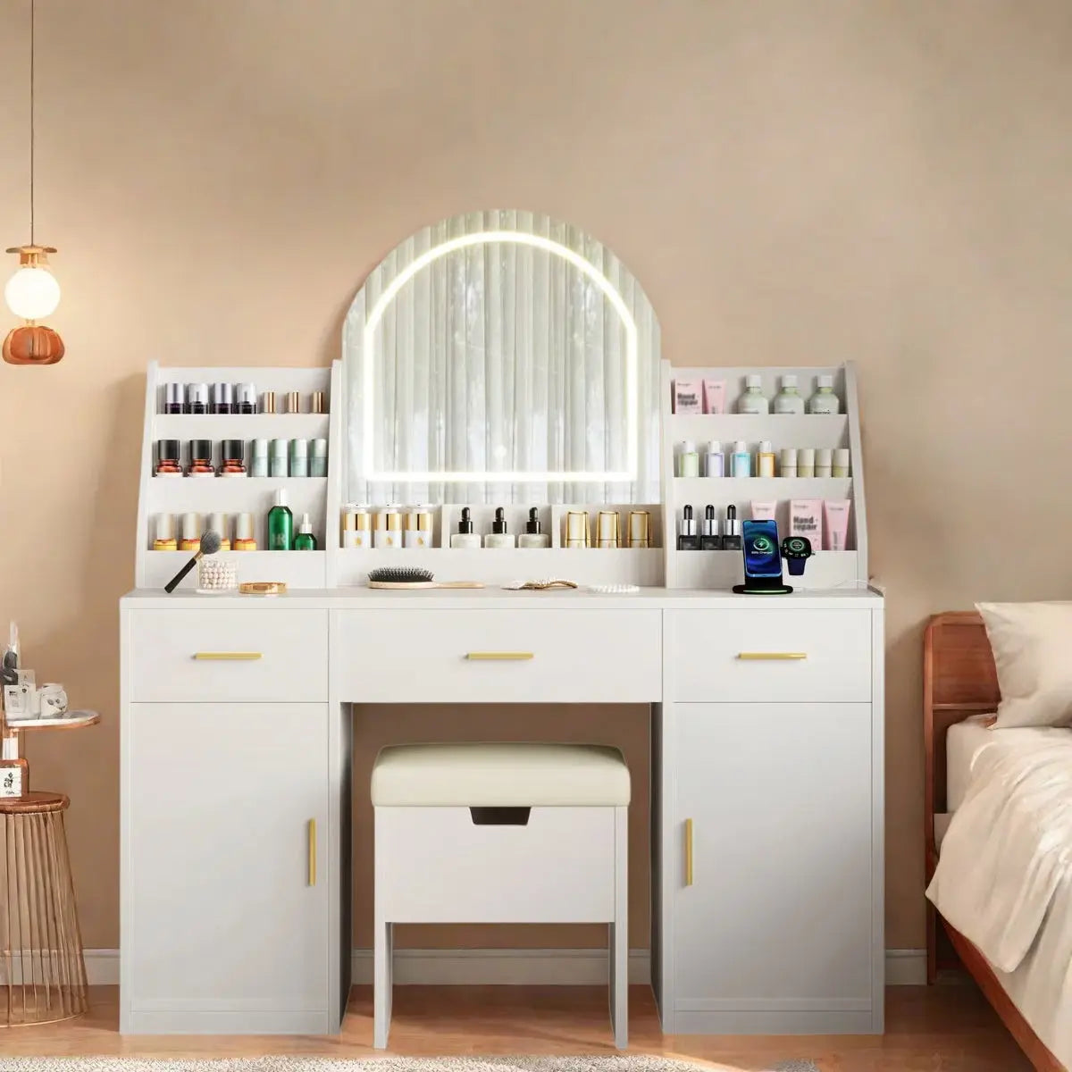 Makeup Vanity Desk with LED Mirror – 2 Organizers, 3 Drawers, 2 Cabinets & Cushioned Stool