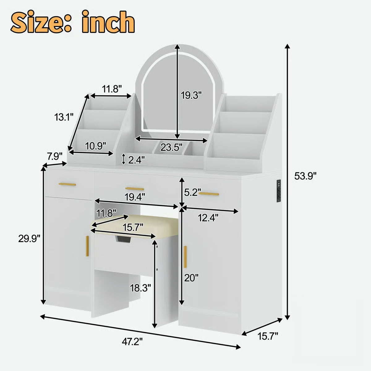 Makeup Vanity Desk with LED Mirror – 2 Organizers, 3 Drawers, 2 Cabinets & Cushioned Stool
