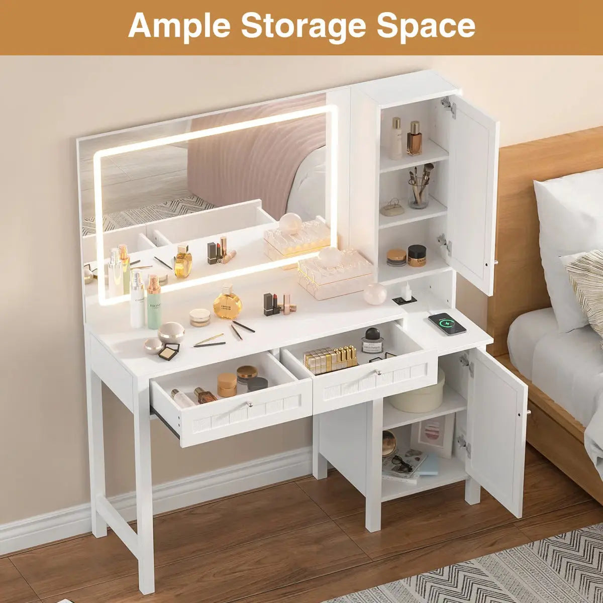Makeup Vanity with LED Lights, Built-in Power Outlets & USB for Bedroom