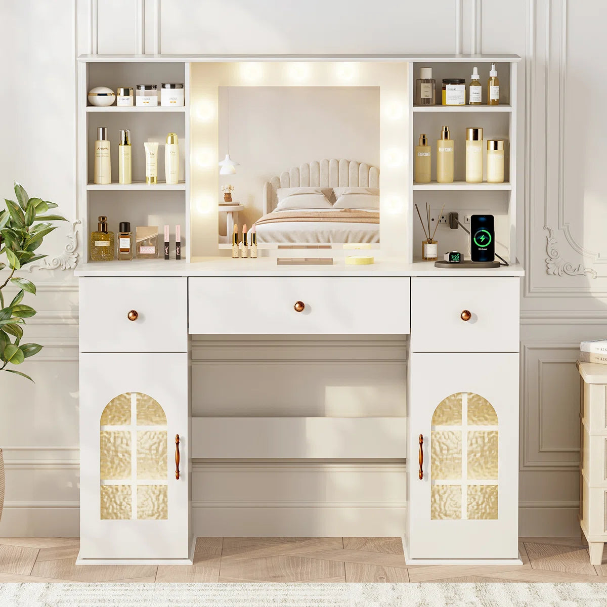 Modern Makeup Vanity Desk with Mirror, Adjustable LED Lights, 3 Drawers, 12 Shelves, and Built-In Power Outlet-OUCH CART | Dressing table