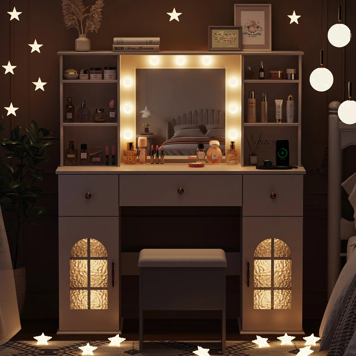 Modern Makeup Vanity Desk with Mirror, Adjustable LED Lights, 3 Drawers, 12 Shelves, and Built-In Power Outlet-OUCH CART | Dressing table