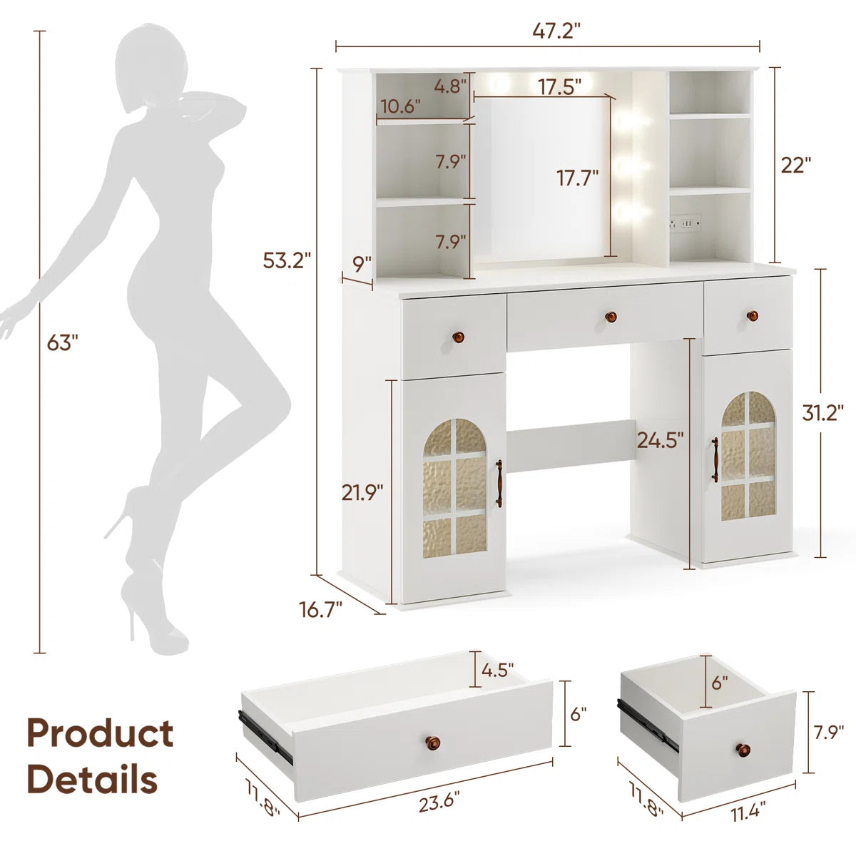 Modern Makeup Vanity Desk with Mirror, Adjustable LED Lights, 3 Drawers, 12 Shelves, and Built-In Power Outlet