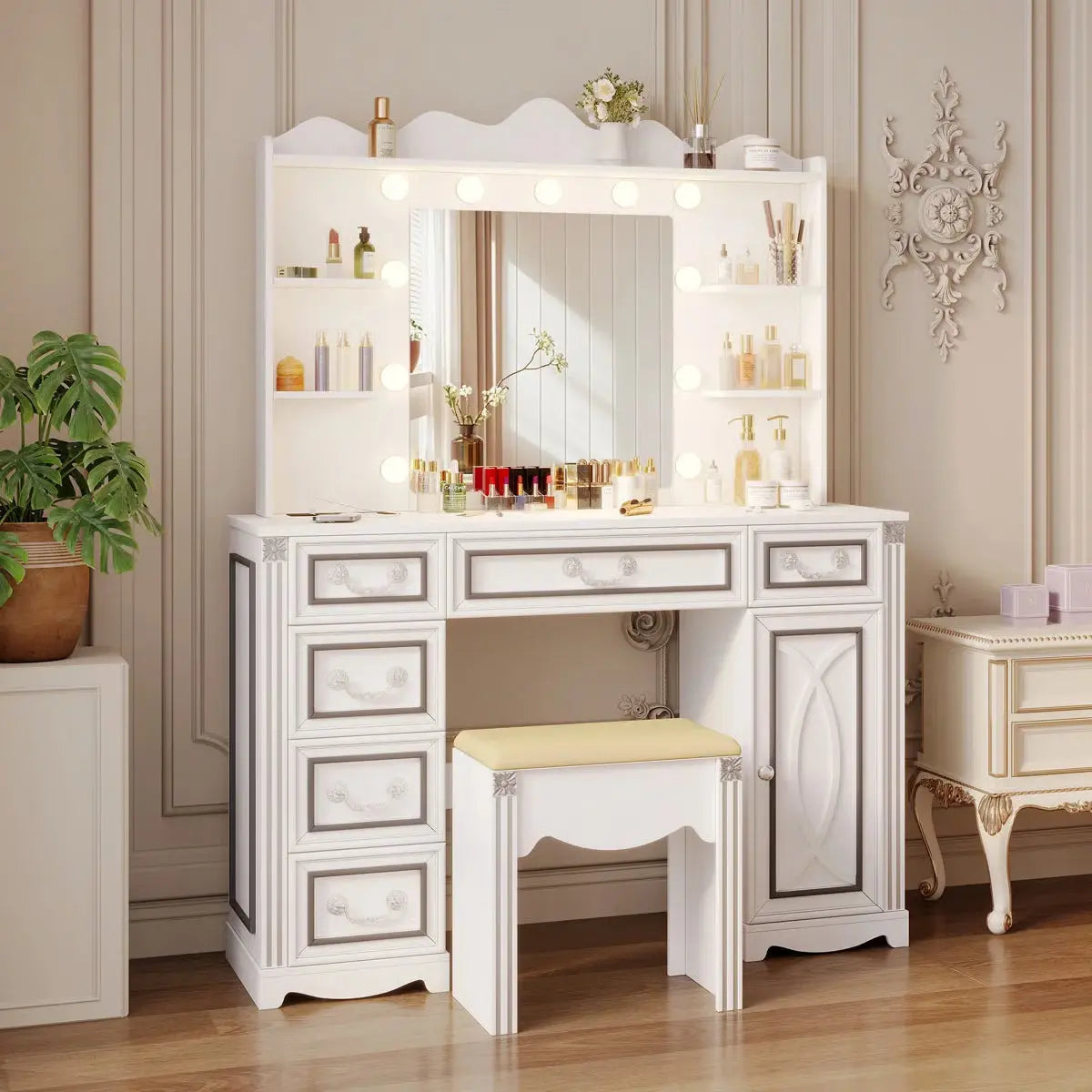 Makeup Vanity Set with Adjustable 3-Color Mirror, Storage Drawers, Cabinet and Stool