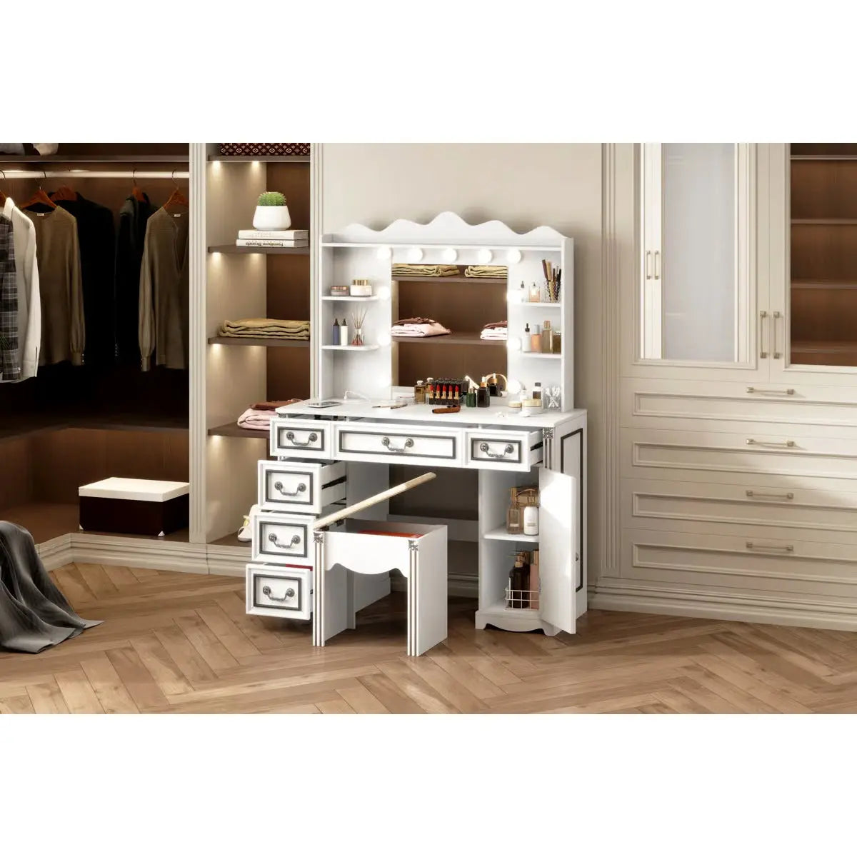 Makeup Vanity Set with Adjustable 3-Color Mirror, Storage Drawers, Cabinet and Stool