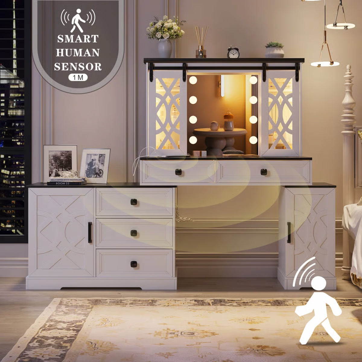 Modern Makeup Vanity Desk with Mirror and Cabinet Storage