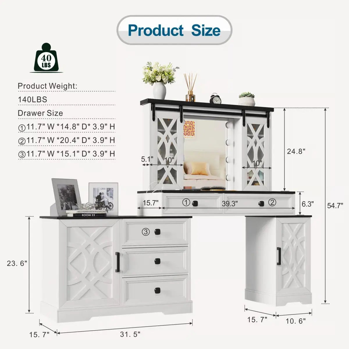 Modern Makeup Vanity Desk with Mirror and Cabinet Storage