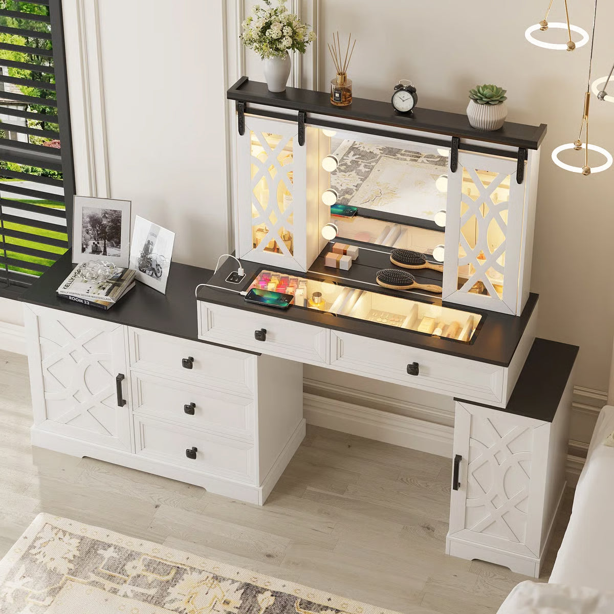 Modern Makeup Vanity Desk with Mirror and Cabinet Storage