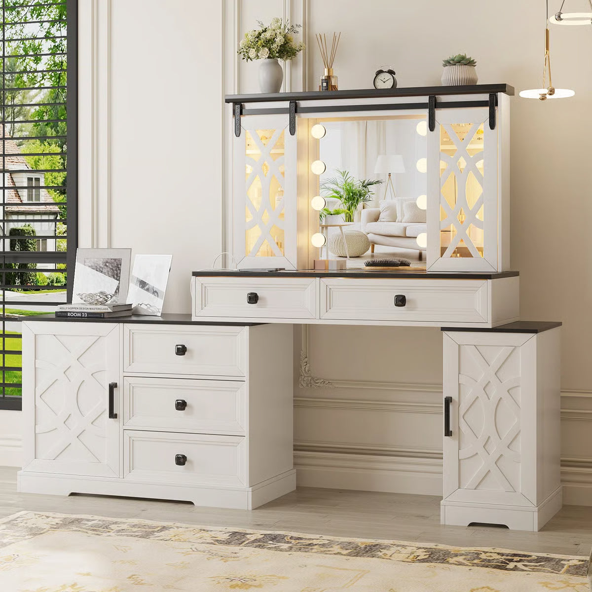 Modern Makeup Vanity Desk with Mirror and Cabinet Storage