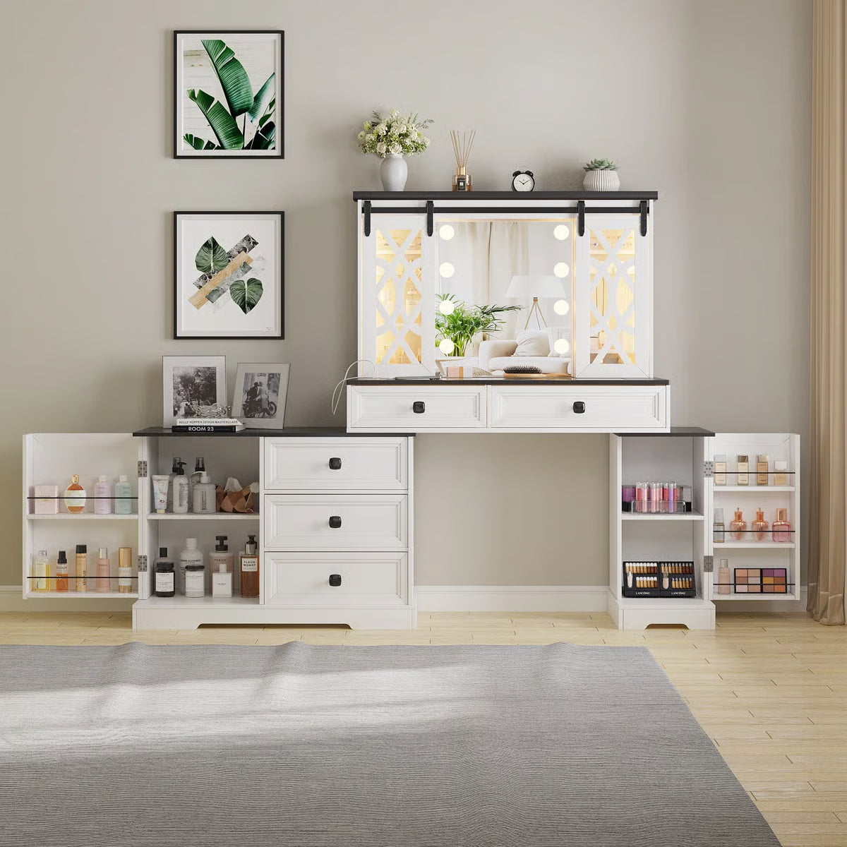Modern Makeup Vanity Desk with Mirror and Cabinet Storage