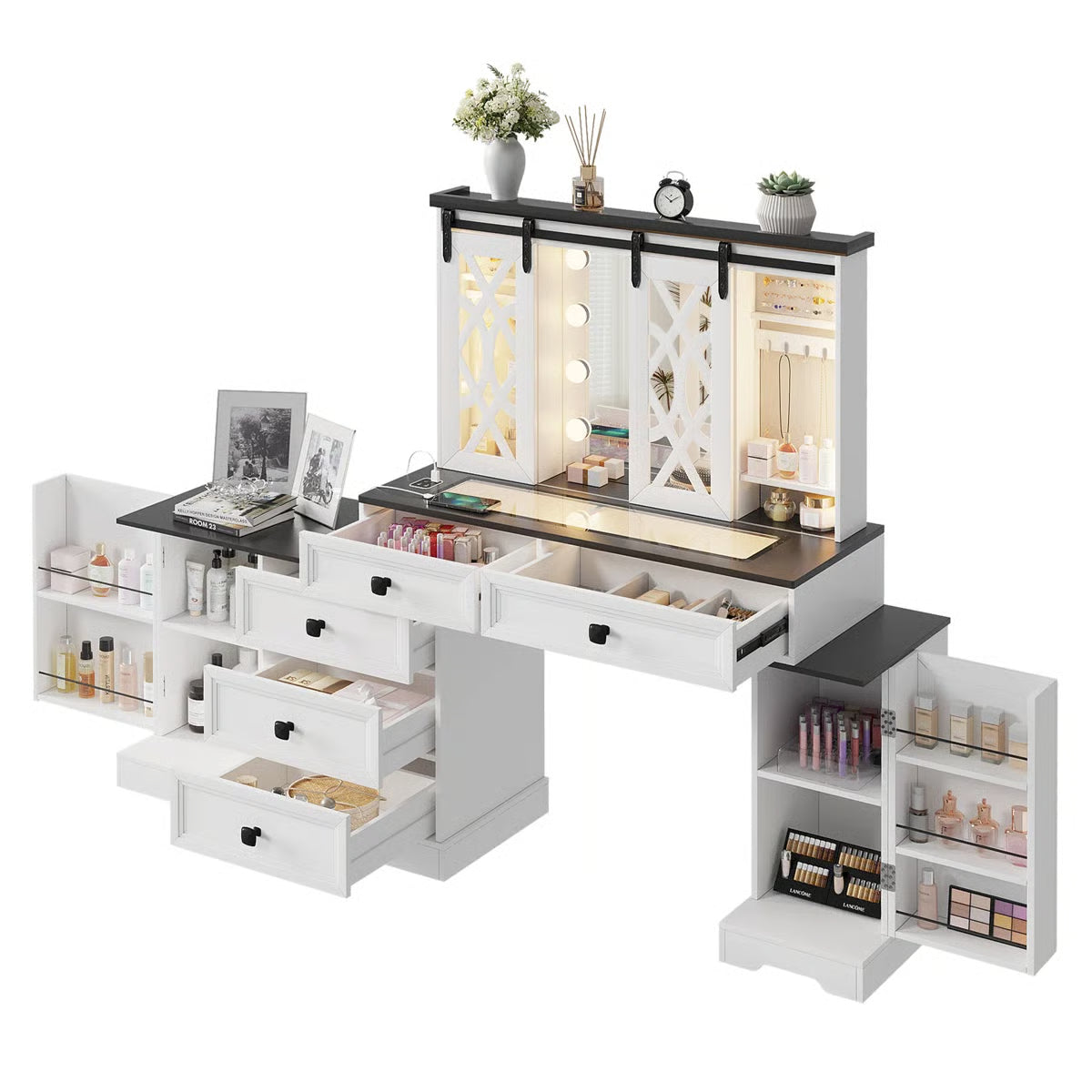 Modern Makeup Vanity Desk with Mirror and Cabinet Storage