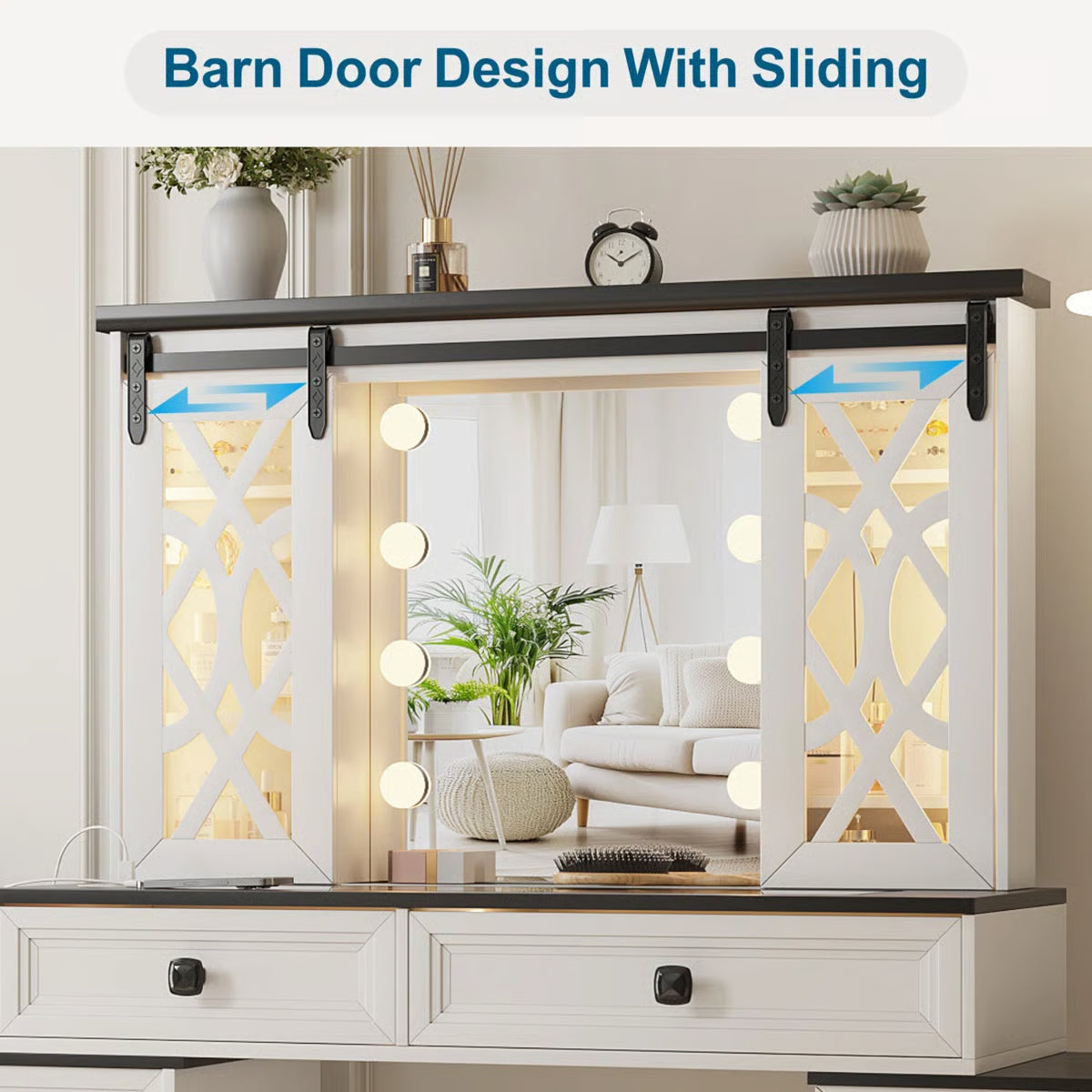 Modern Makeup Vanity Desk with Mirror and Cabinet Storage