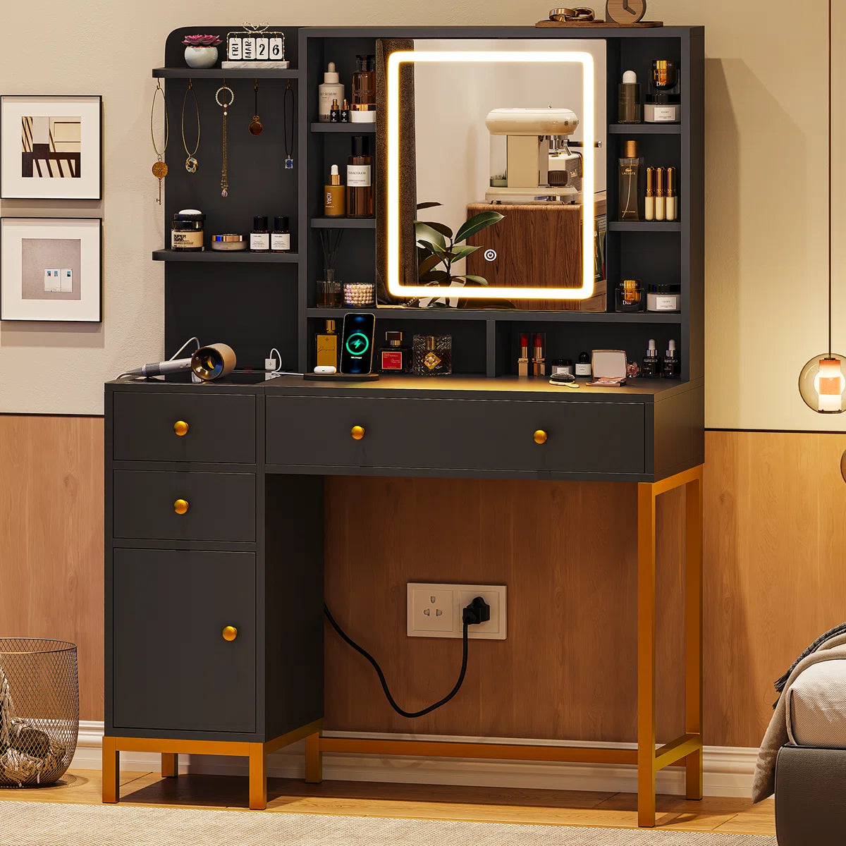 Lighted Makeup Vanity Desk with 4 Drawers and Cabinet for Bedroom, 15.7"D x 38.6"W x 54.3"H-OUCH CART | Dressing table