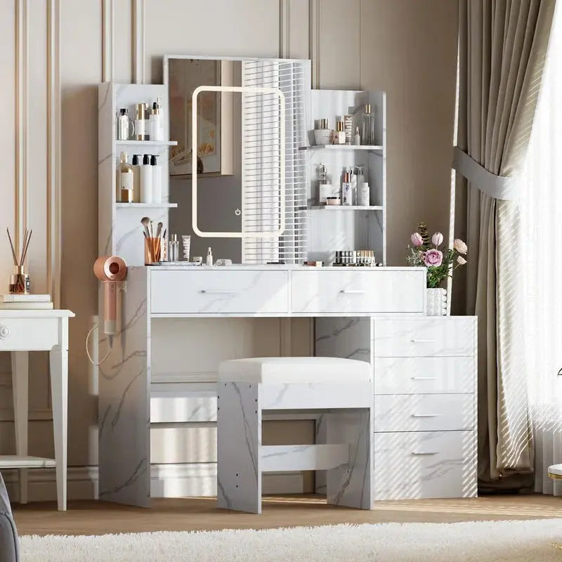 Marble White LED Makeup Vanity – 6 Drawers, Shelves, 3-Color Adjustable Lighting & Charging Ports -OUCH CART | Dressing table
