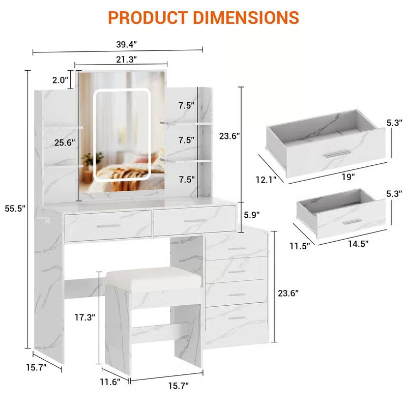 Marble White LED Makeup Vanity – 6 Drawers, Shelves, 3-Color Adjustable Lighting & Charging Ports -OUCH CART | Dressing table