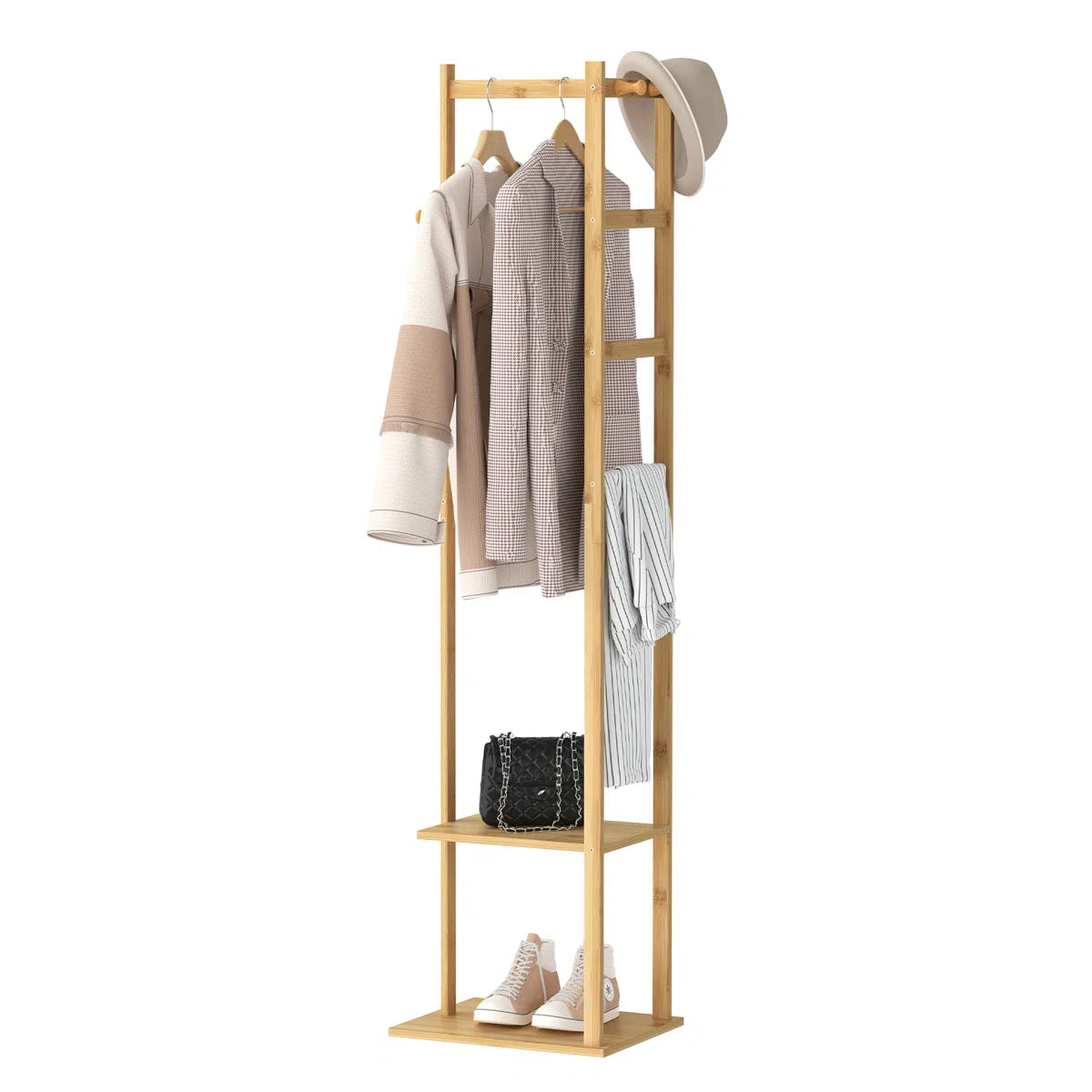Ouch Cart Bamboo Coat Rack | 4-in-1 Entryway Hall Tree with Hooks & Storage Shelves OUCH CART
