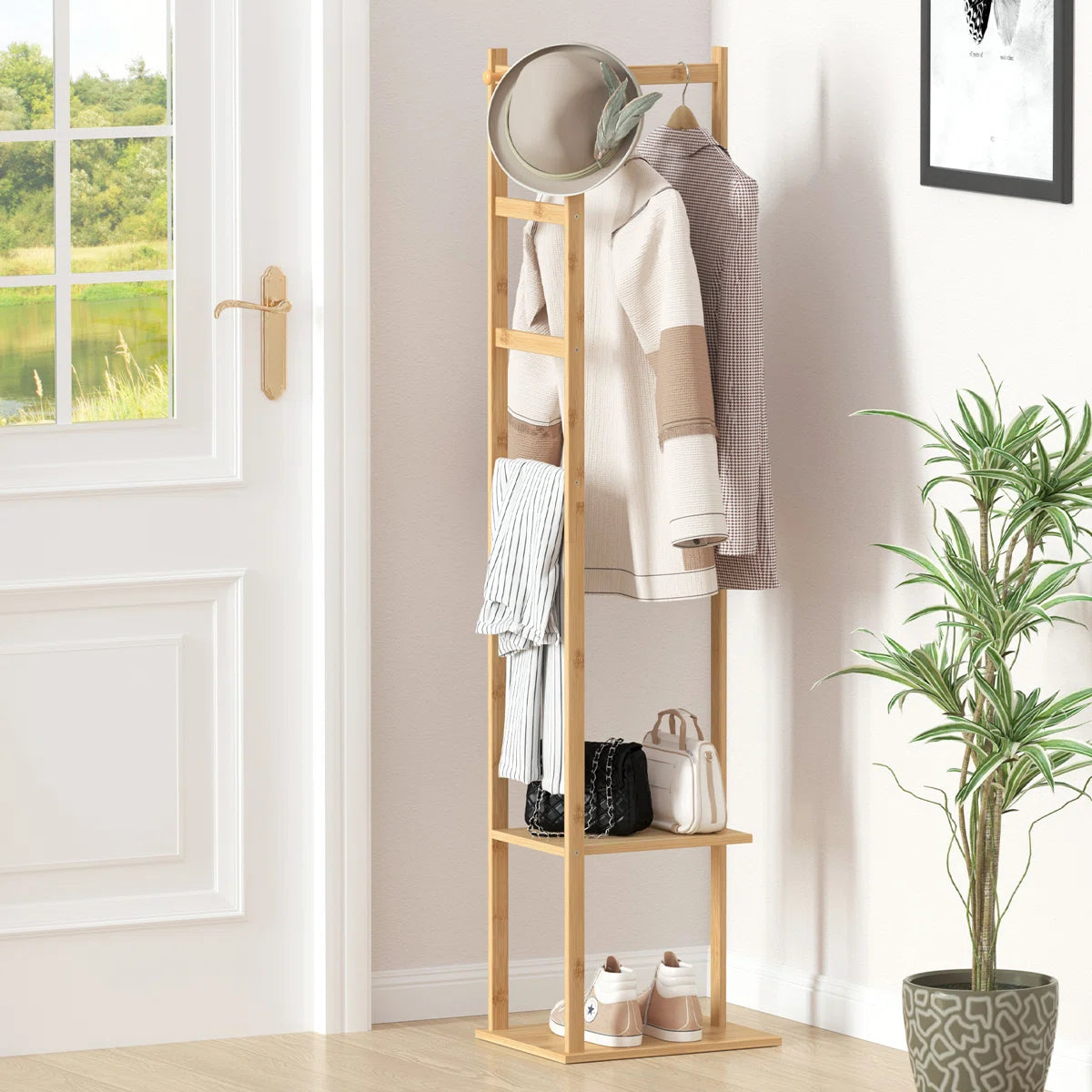Ouch Cart Bamboo Coat Rack | 4-in-1 Entryway Hall Tree with Hooks & Storage Shelves OUCH CART