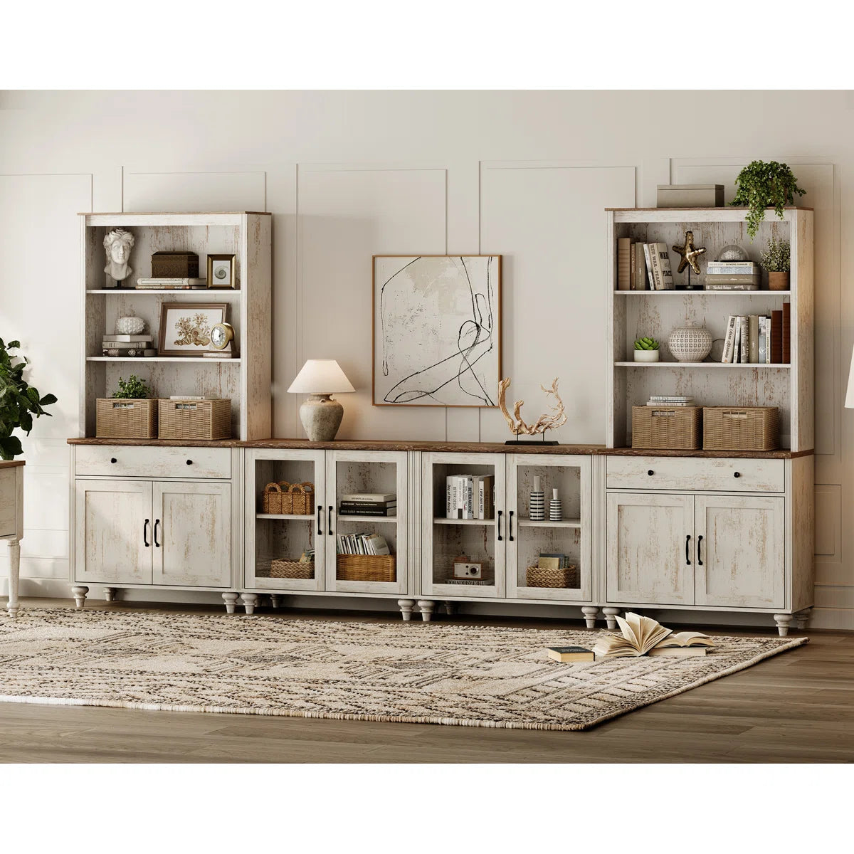 Farmhouse Wooden TV Entertainment Center with Storage & Bookshelves Ouch Cart