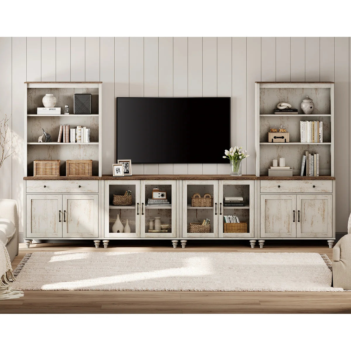 Farmhouse Wooden TV Entertainment Center with Storage & Bookshelves Ouch Cart