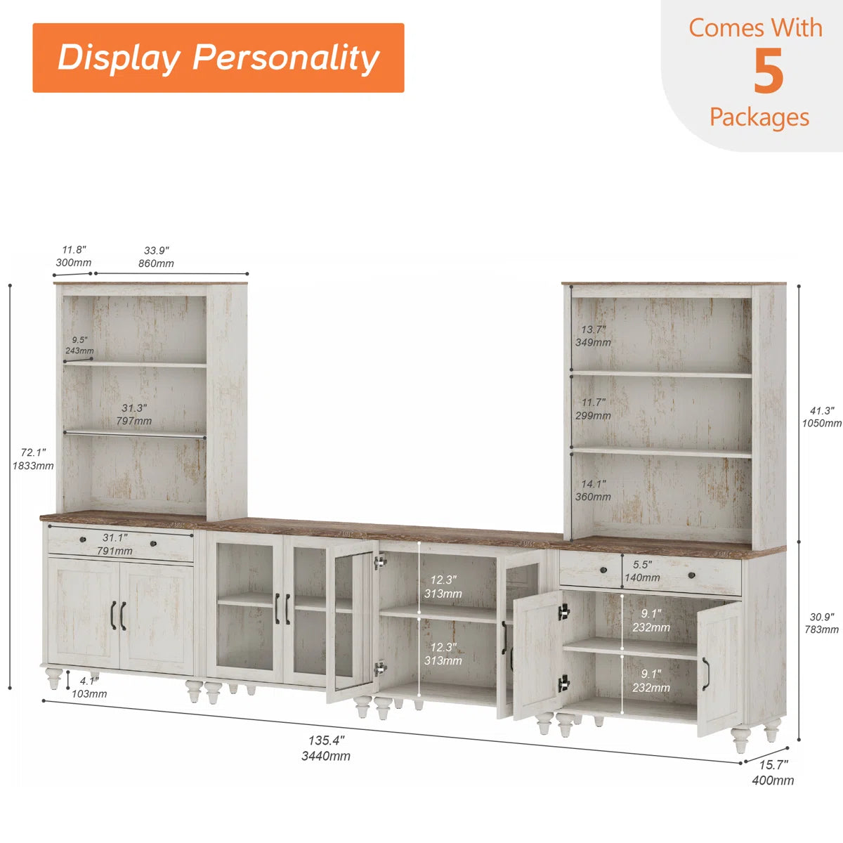 Farmhouse Wooden TV Entertainment Center with Storage & Bookshelves Ouch Cart