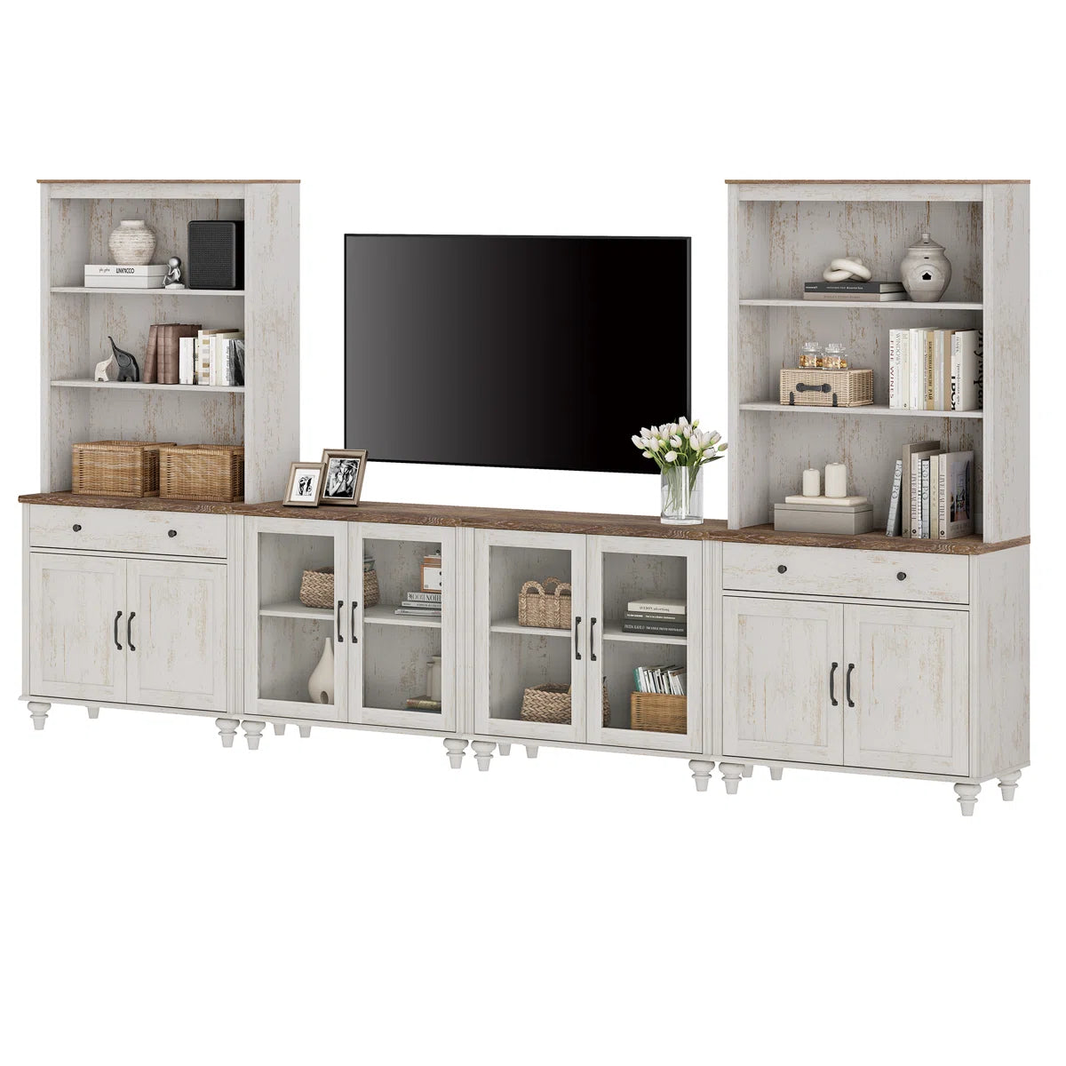 Farmhouse Wooden TV Entertainment Center with Storage & Bookshelves Ouch Cart