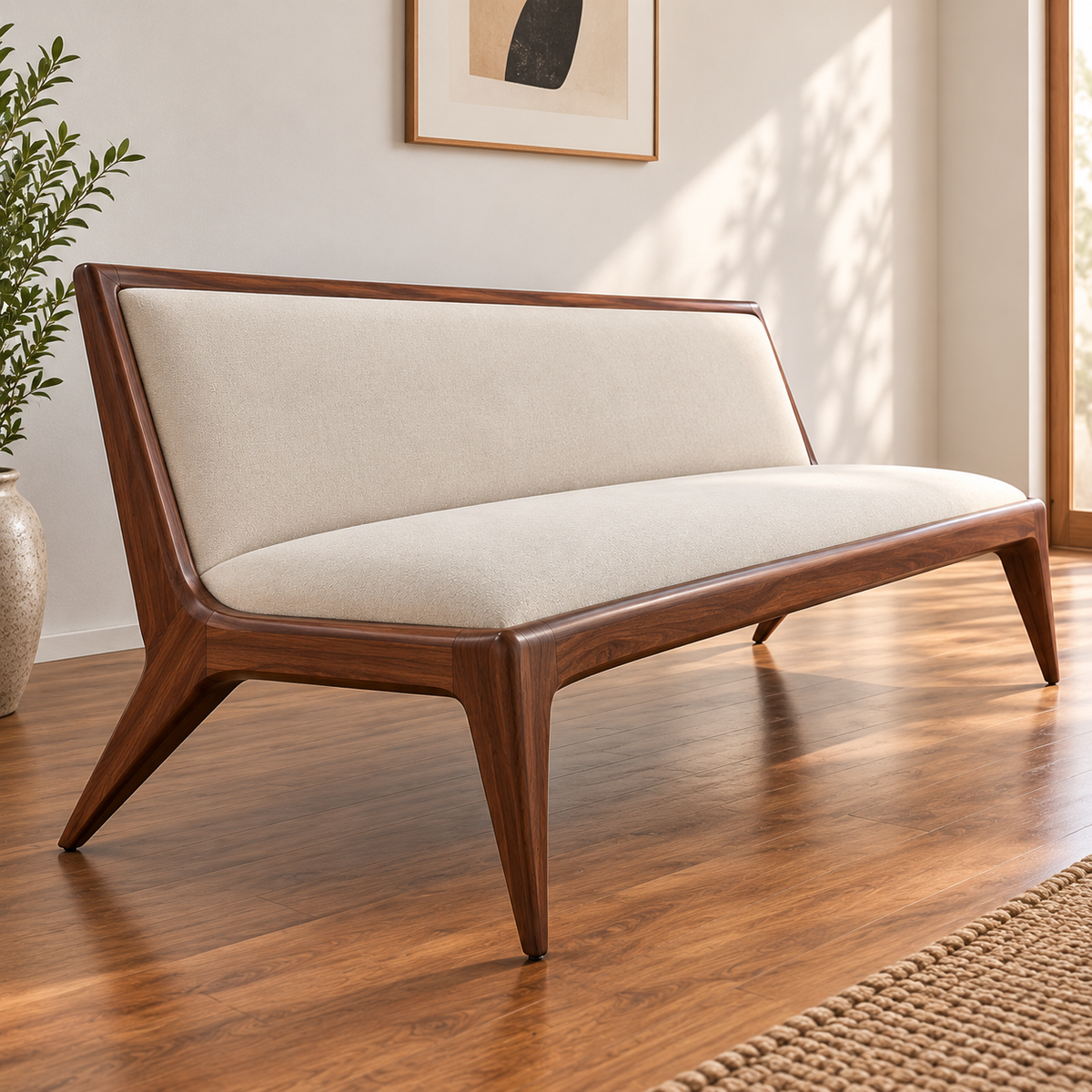 Mid-Century Modern Wooden Sofa | Solid Walnut Finish 3 Seater Sofa with Cream Upholstery & Tapered Legs for Living Room OUCH CART