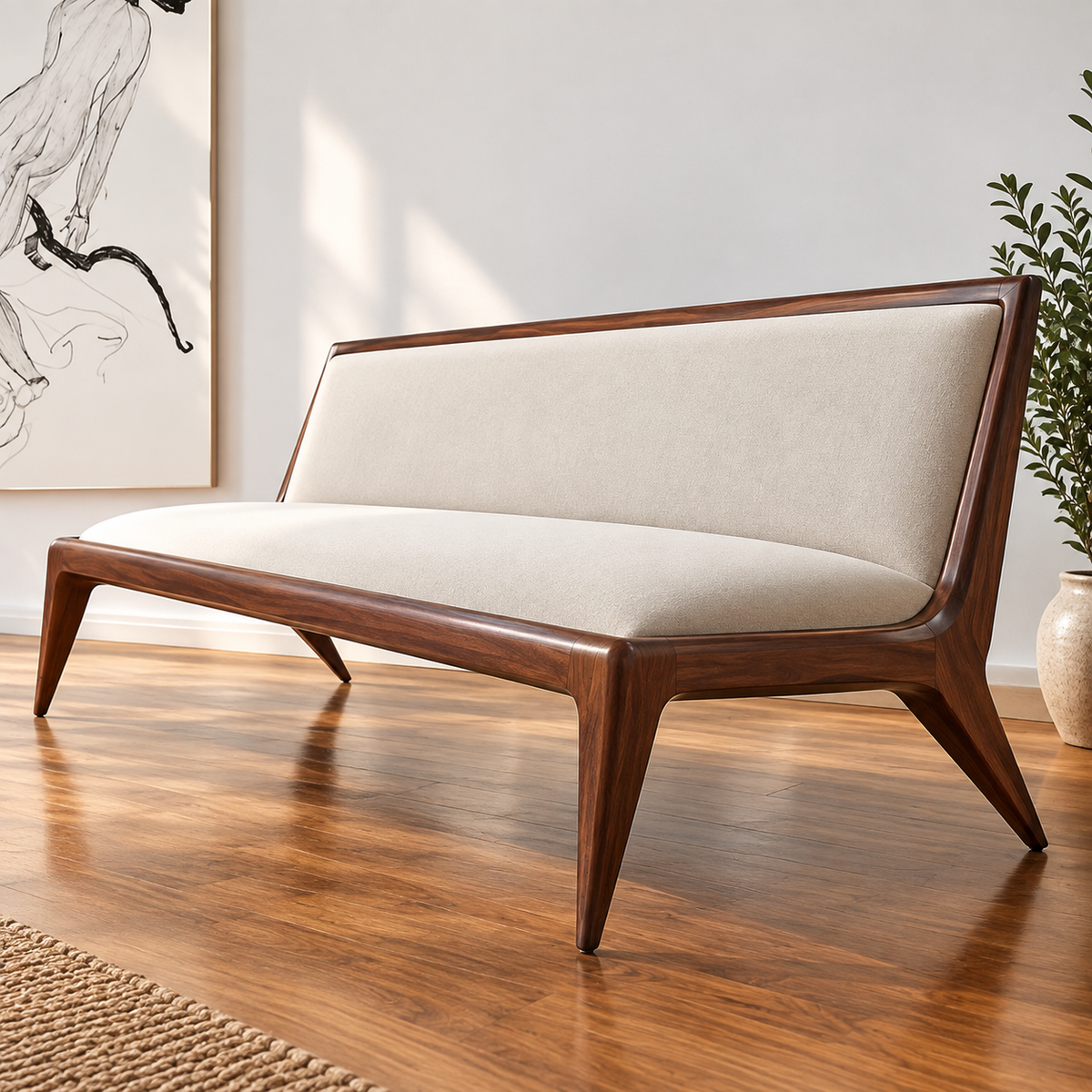 Mid-Century Modern Wooden Sofa | Solid Walnut Finish 3 Seater Sofa with Cream Upholstery & Tapered Legs for Living Room OUCH CART