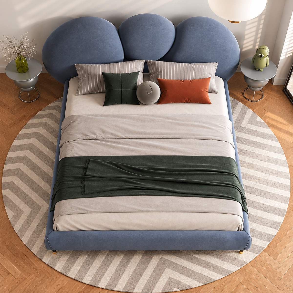 Modern Blue Upholstered Bed with Curved Cloud Headboard OUCH CART