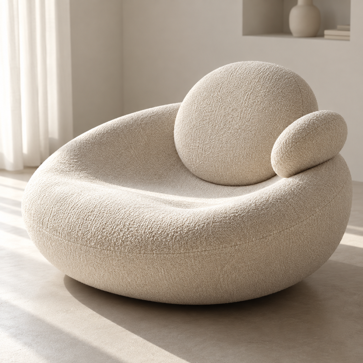 Modern Boucle Lounge Chair for Living Room, Cream Upholstered Curved Sofa Chair with Round Back Cushion & Side Pillow, Plush Accent Seating for Bedroom, Lounge & Reception