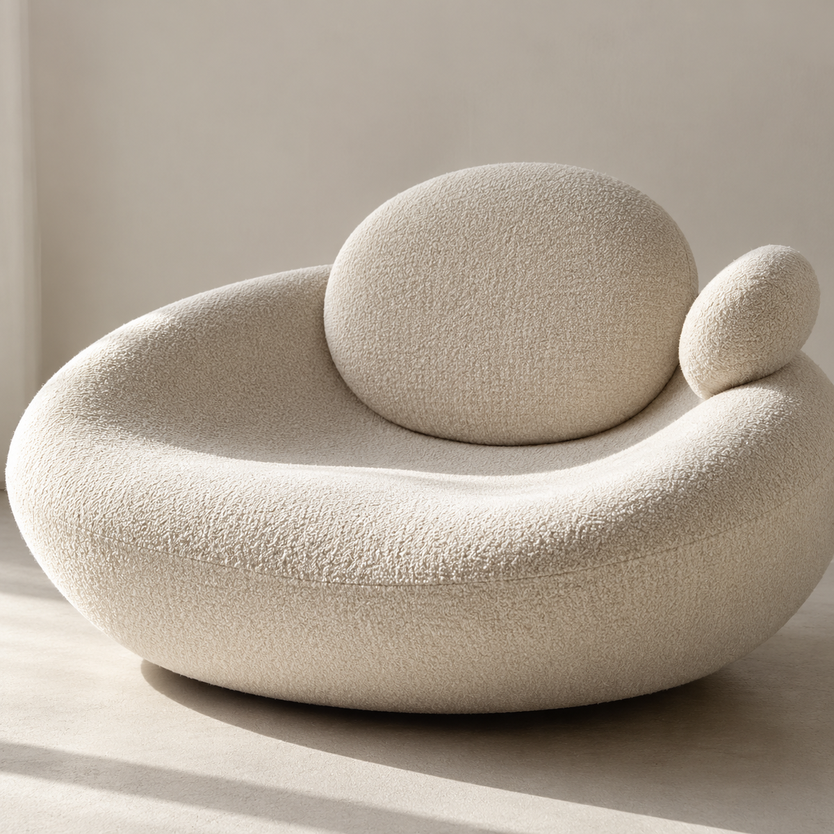 Modern Boucle Lounge Chair for Living Room, Cream Upholstered Curved Sofa Chair with Round Back Cushion & Side Pillow, Plush Accent Seating for Bedroom, Lounge & Reception Ouch Cart