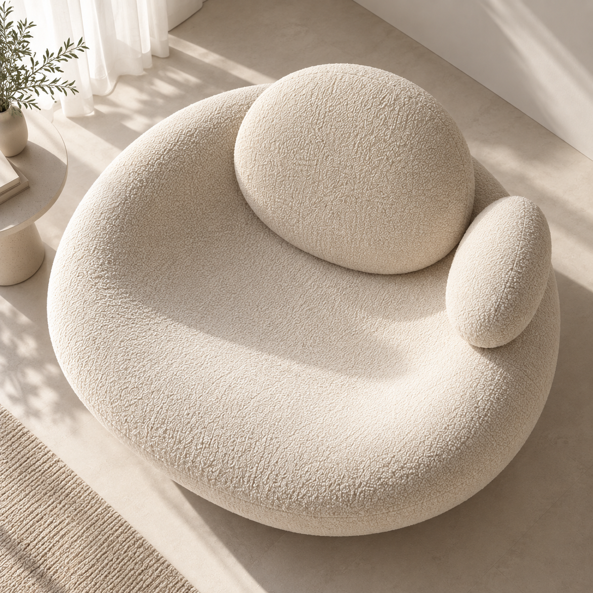 Modern Boucle Lounge Chair for Living Room, Cream Upholstered Curved Sofa Chair with Round Back Cushion & Side Pillow, Plush Accent Seating for Bedroom, Lounge & Reception Ouch Cart