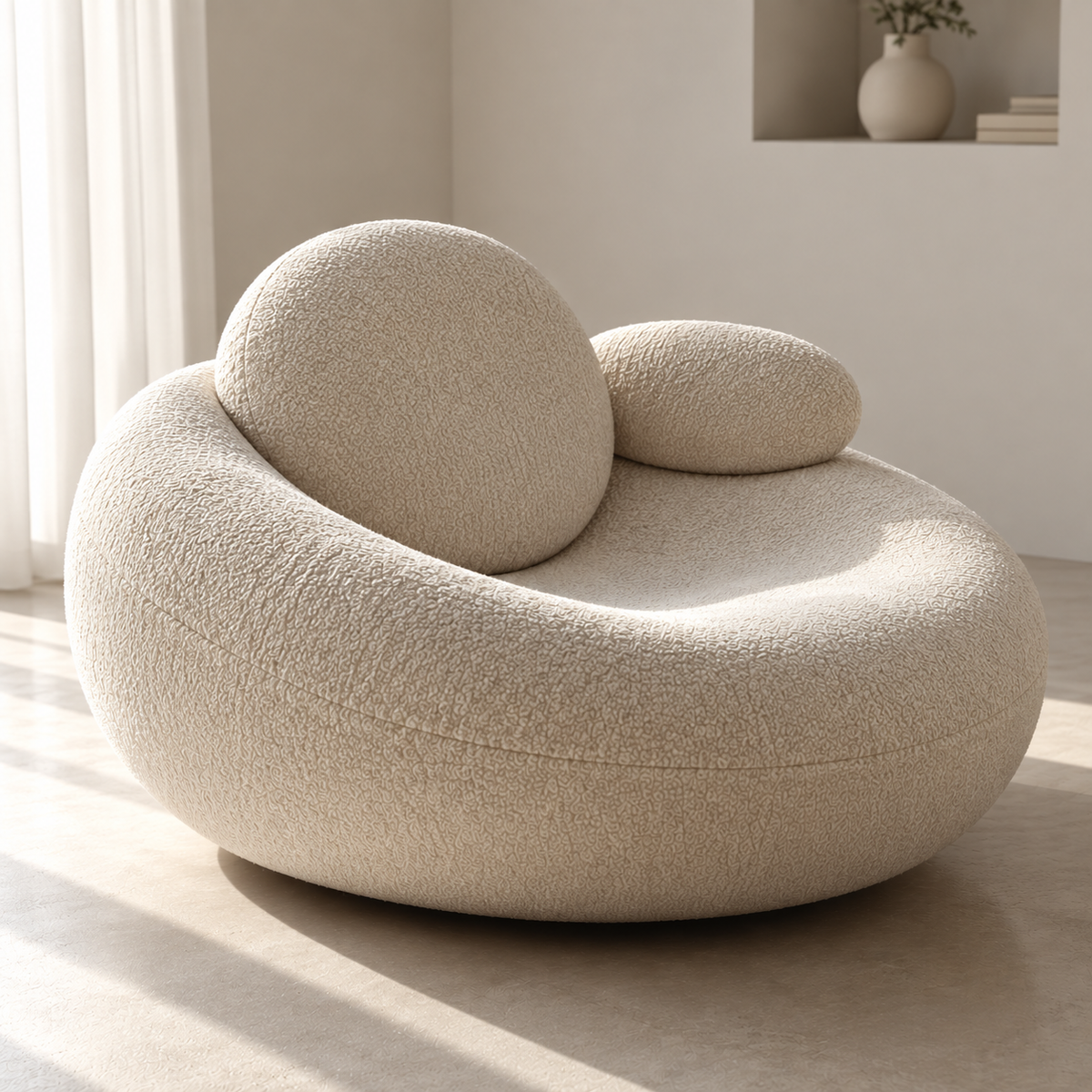 Modern Boucle Lounge Chair for Living Room, Cream Upholstered Curved Sofa Chair with Round Back Cushion & Side Pillow, Plush Accent Seating for Bedroom, Lounge & Reception Ouch Cart
