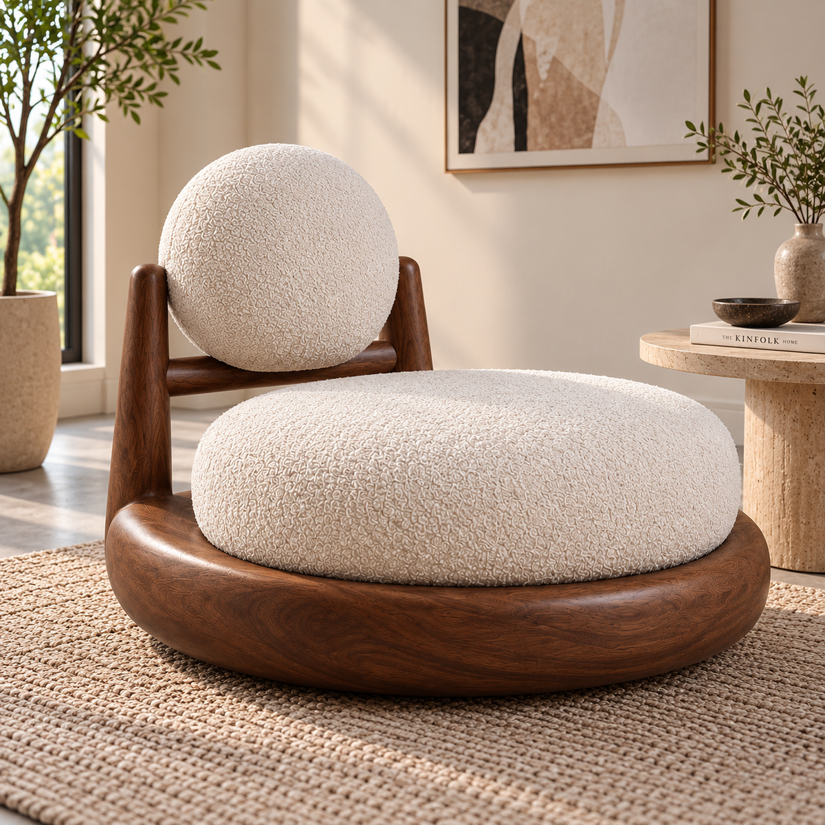 Modern Boucle Lounge Chair with Wooden Frame, Cream Upholstered Accent Chair with Round Back Cushion, Curved Relaxation Chair for Living Room, Bedroom & Reading Corner OUCH CART