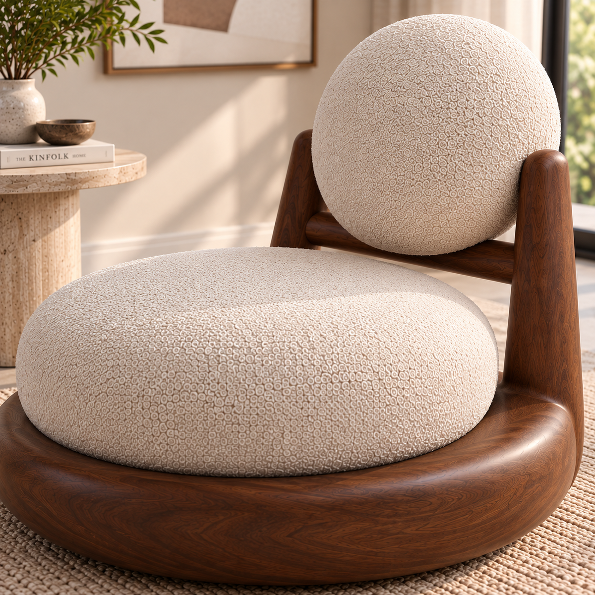 Modern Boucle Lounge Chair with Wooden Frame, Cream Upholstered Accent Chair with Round Back Cushion, Curved Relaxation Chair for Living Room, Bedroom & Reading Corner
