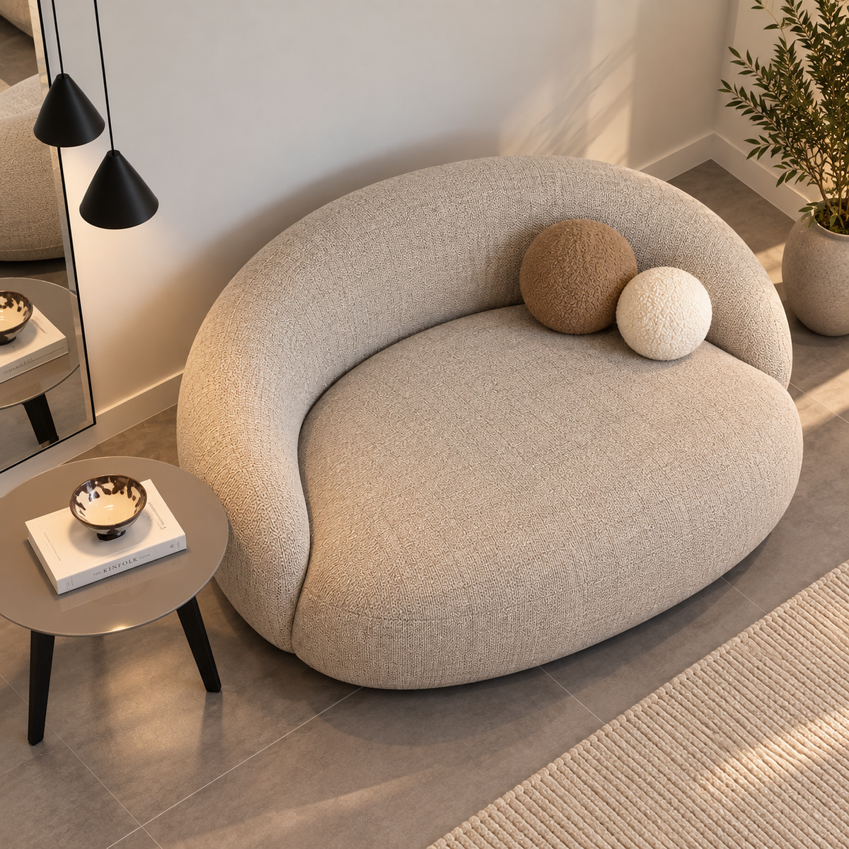 Modern Boucle Sofa for Living Room, Curved Round 2 Seater Sofa with Plush Upholstery & Decorative Ball Cushions, Beige Accent Sofa for Bedroom, Lounge & Reception OUCH CART