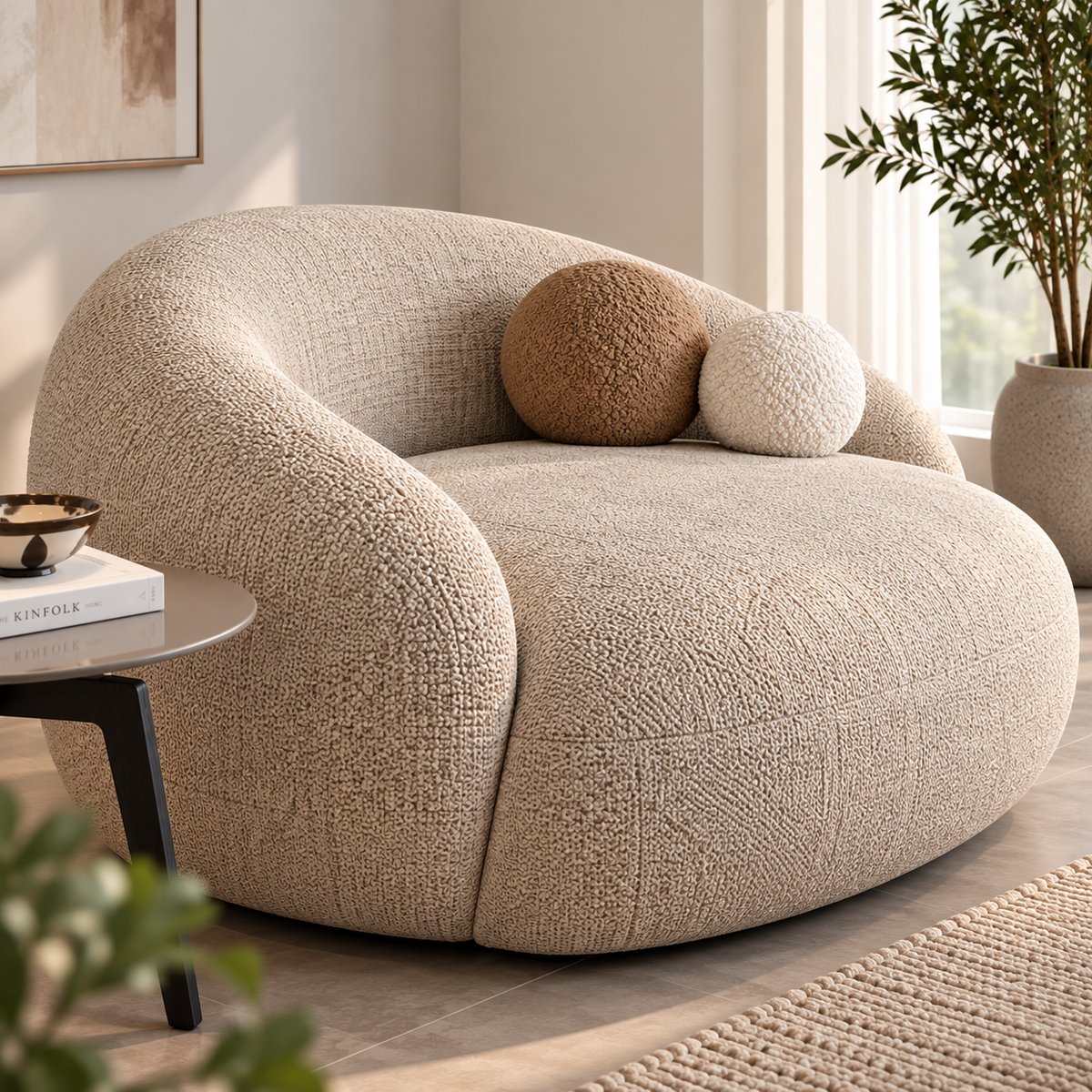 Modern Boucle Sofa for Living Room, Curved Round 2 Seater Sofa with Plush Upholstery & Decorative Ball Cushions, Beige Accent Sofa for Bedroom, Lounge & Reception OUCH CART