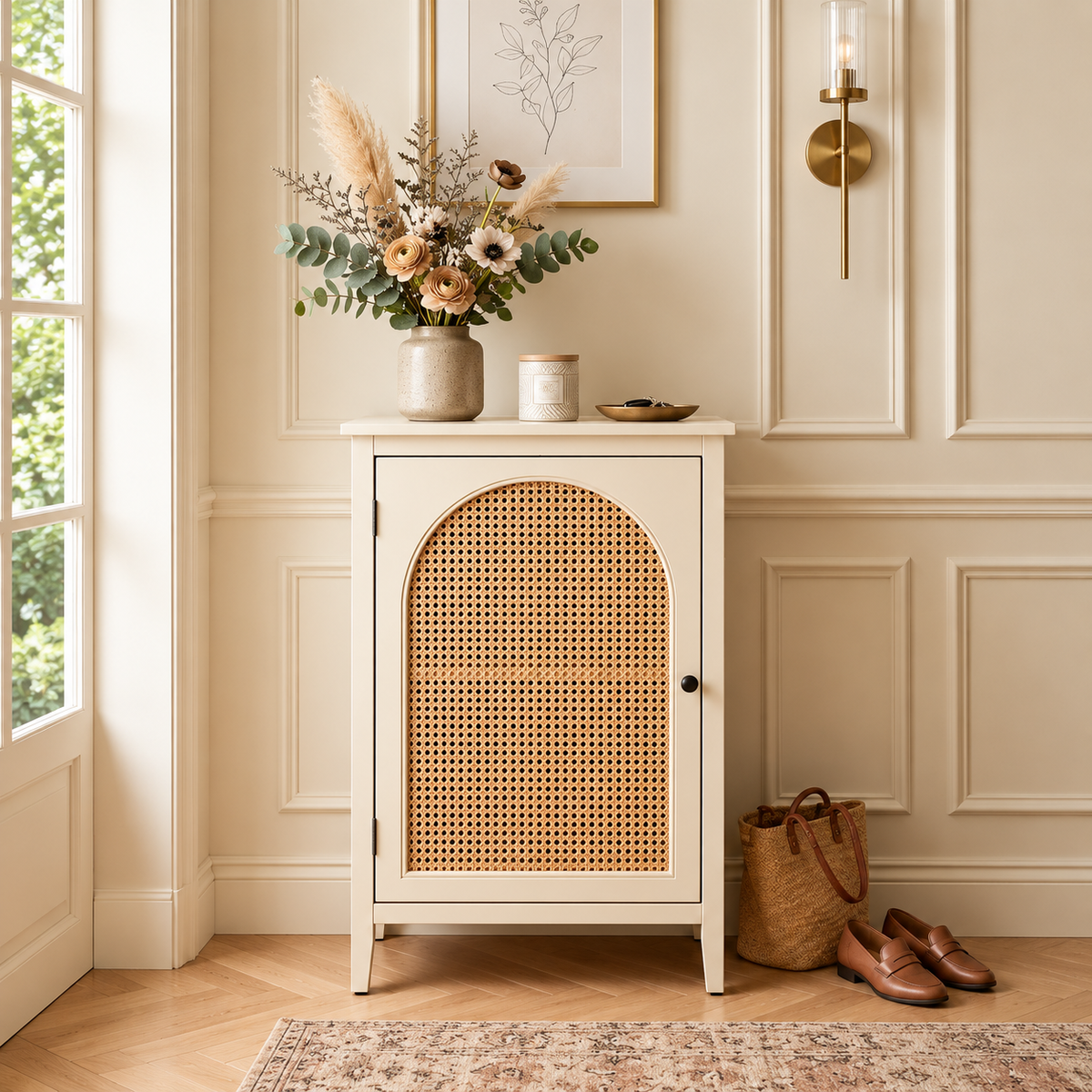 Modern Cane Cabinet with Arched Rattan Door