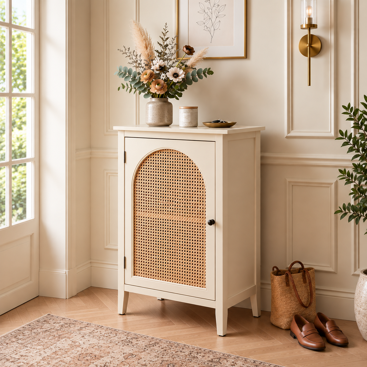 Modern Cane Cabinet with Arched Rattan Door