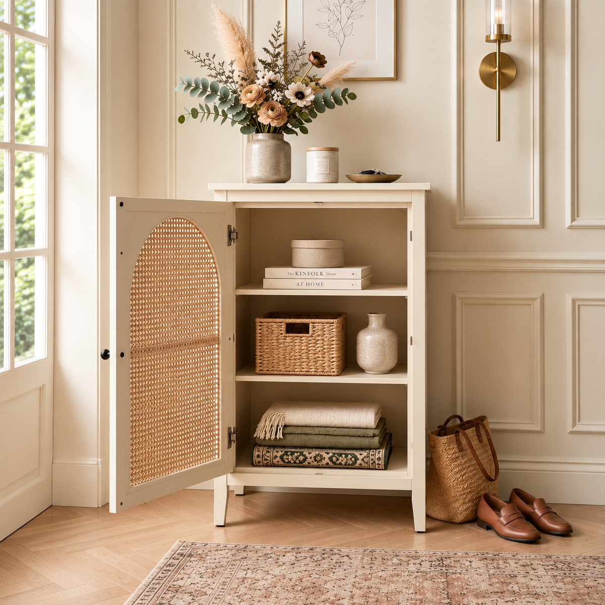 Modern Cane Cabinet with Arched Rattan Door