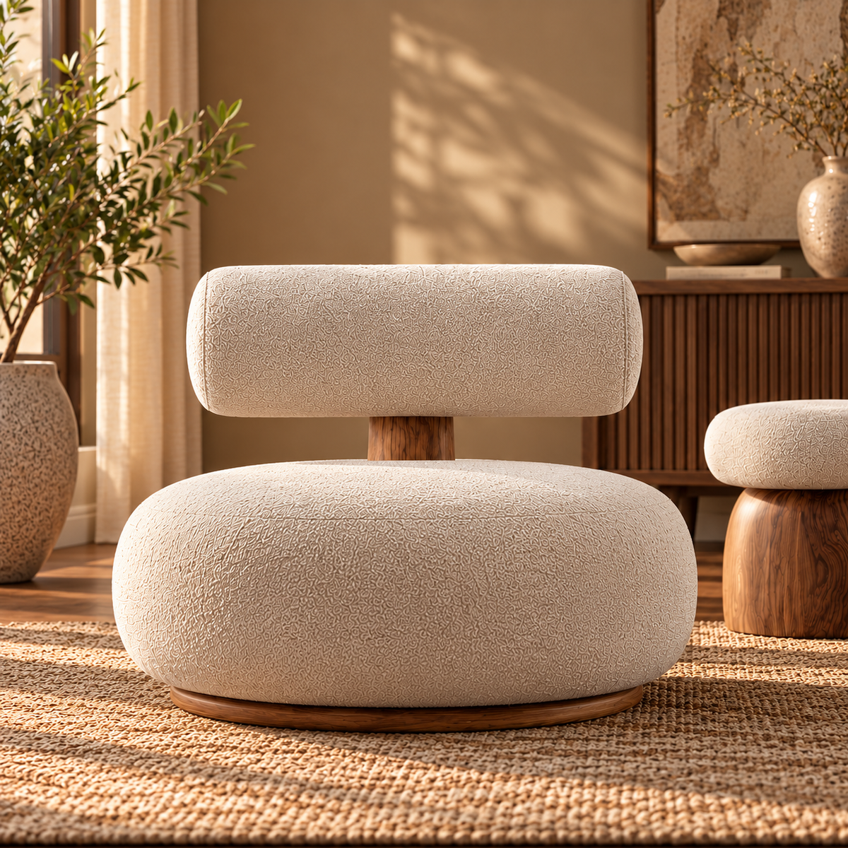 Modern Cream Boucle Lounge Chair with Matching Ottoman, Rounded Upholstered Accent Chair with Wooden Base for Living Room and Bedroom