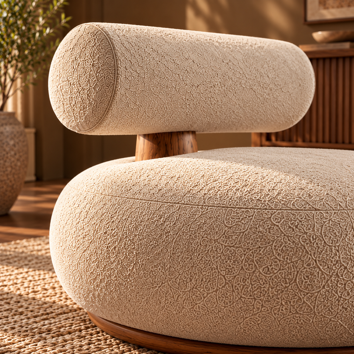 Modern Cream Boucle Lounge Chair with Matching Ottoman, Rounded Upholstered Accent Chair with Wooden Base for Living Room and Bedroom