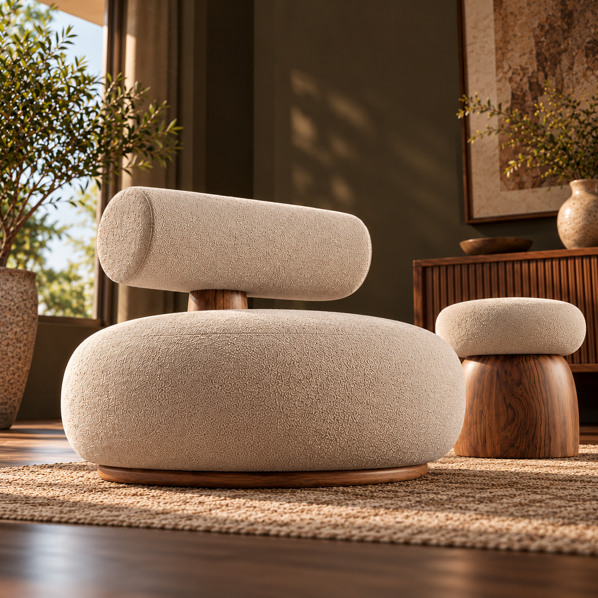 Modern Cream Boucle Lounge Chair with Matching Ottoman, Rounded Upholstered Accent Chair with Wooden Base for Living Room and Bedroom