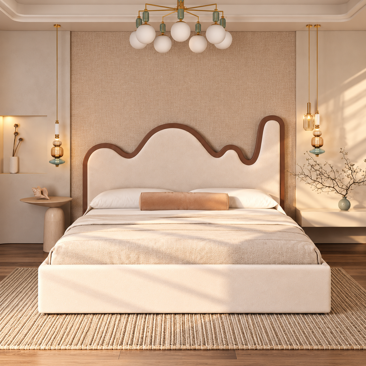 Modern Cream Upholstered Bed with Unique Wavy Wooden Headboard