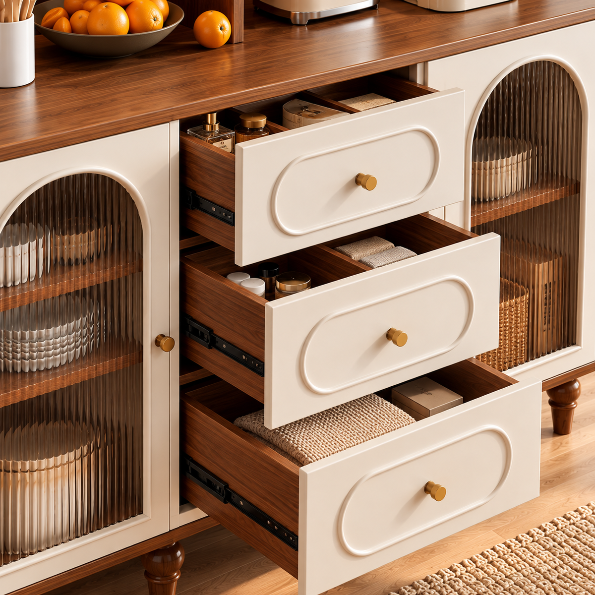 Modern Cream & Walnut Sideboard Cabinet with Fluted Glass Doors, Drawers & Open Hutch OUCH CART